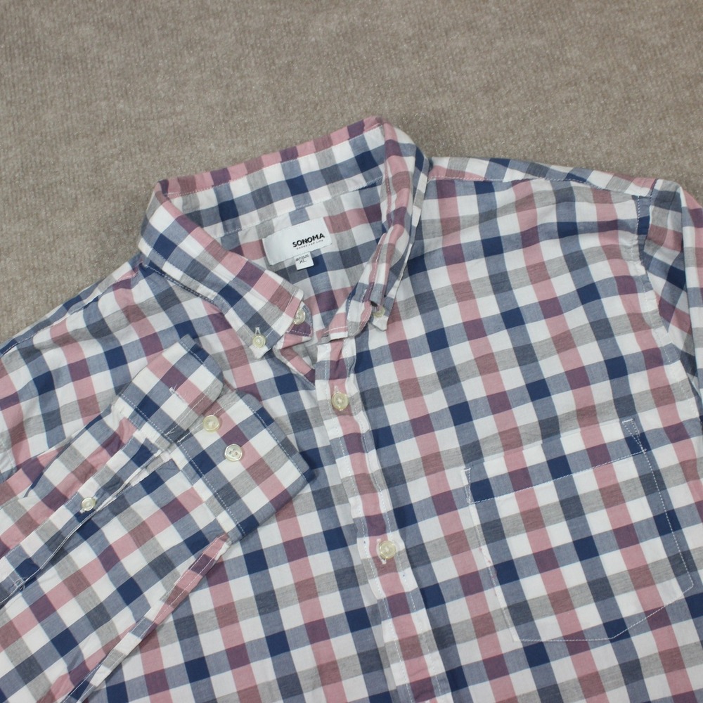 Sonoma Mens XL Long Sleeve Plaid Button Down Shirt Navy Pink White Cotton